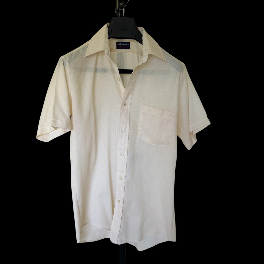 70's Manhattan Short Sleeve Button Down Shirt Cream Beige Sheer Made in USA
